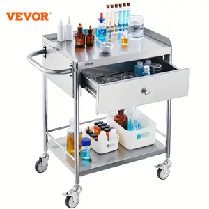 VEVOR Stainless Steel Storage Rack Multi-Functional Trolley Catering Trolley with Wheels Medical Dental Laboratory Trolley Rollable Commercial Wheeled Trolley Restaurant Food Delivery Service (2 Shelves/1 Drawer)
