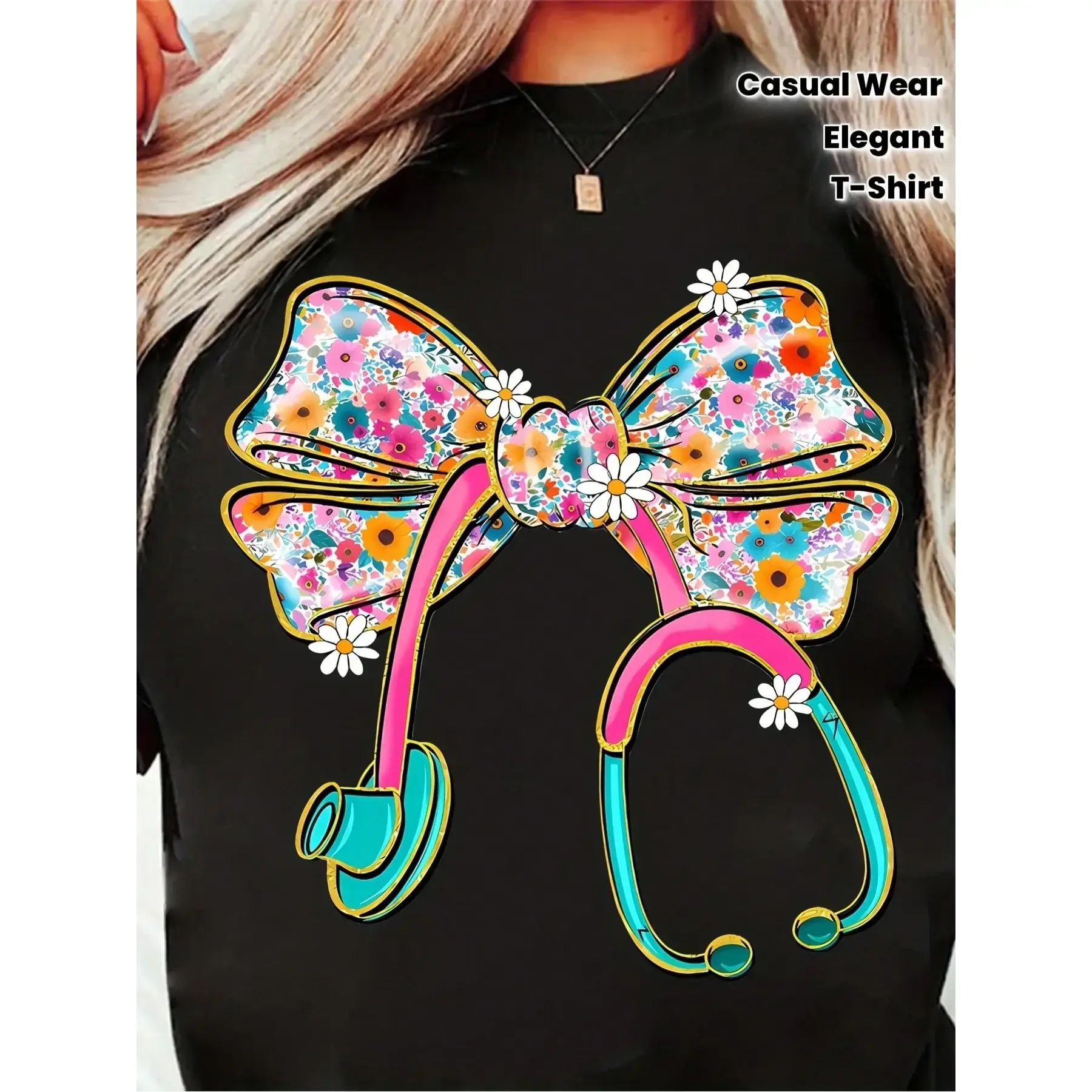 Women'S Floral Doctor Bowknot T-Shirt - Elegant Nursing Scrub Top With Floral Accent, Stretchy Work Shirt For Nurses, Healthcare Professionals - Soft Everyday Hospital Attire (SpringFallSummer) - Ideal Nurse Gift, Nurse Shirt, Casual Wear