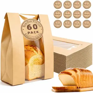 60 count Paper Bread Bags for Homemade Bread, Sourdough Bags with Window, 13.7 x 8.3 x 3.5 Inch Large Brown  Bakery Bag for Storing Loaves & Snacks, Includes 70 Sealing Stickers
