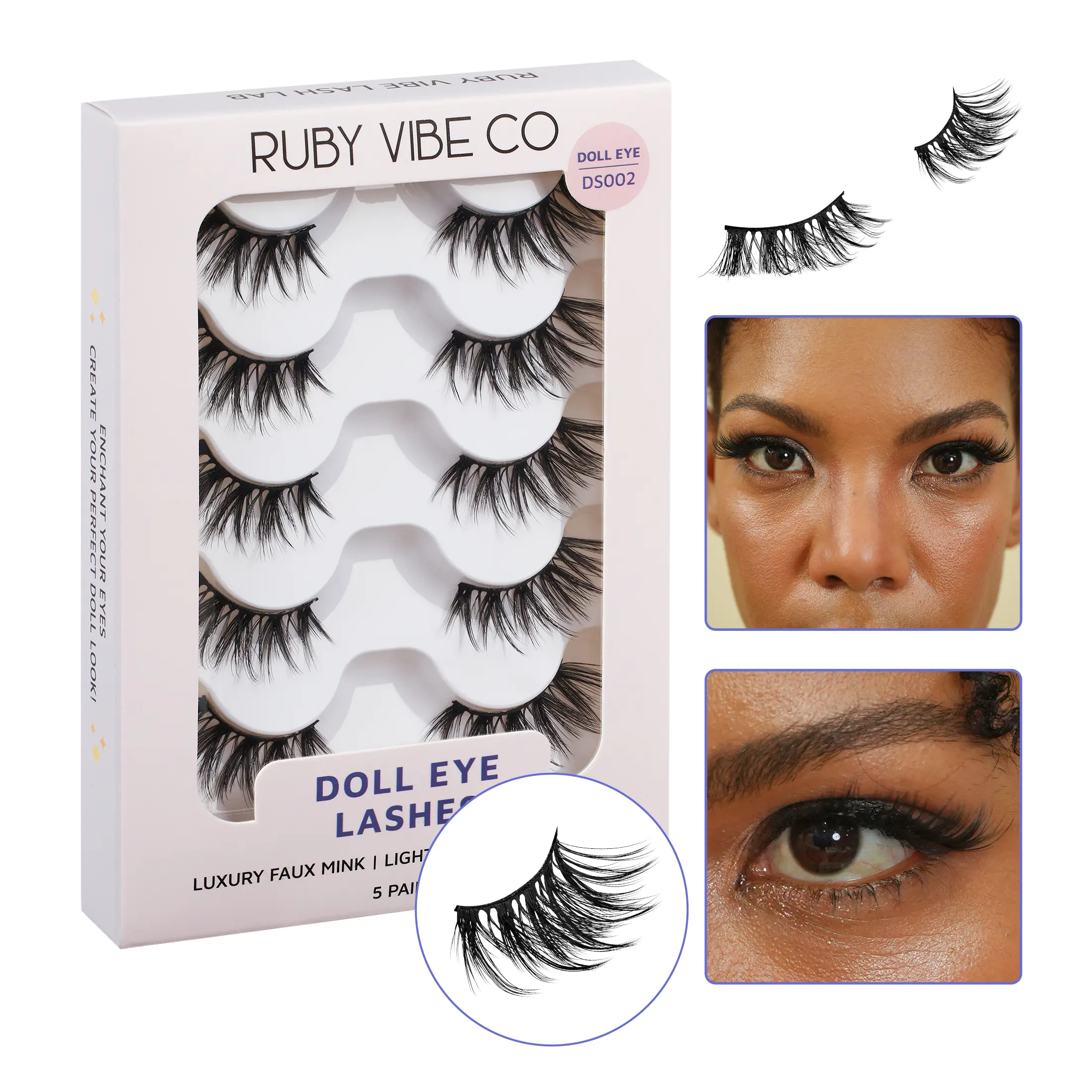 RUBY VIBE CO Sweet Doll Strip Lashes, 5 Pairs Faux Mink Wispy Lash Strips, Anime Fairy Doll Lashes, Lightweight Reusable Half Length Lash Strips
