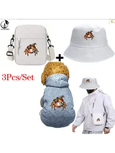 Cute Patchwork Halloween Spider Clipart Print, Pet Hoodie and Fisherman Hat and Crossbody Bag Three-in-one Combination, Universal for Men and Women, New Style of Pet Hoodie, 3Pcs Suit Stylish Hat Crossbody Bag Pet Hoodie Suit