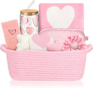 Mother Day Gift 9 Pcs Easter Basket Gift for Her, Valentines Spa Relaxation Set for Women Mom Wife Girlfriend, Heart Blanket, Candle, Fuzzy Socks, Glass Cup, Hair Scrunchie, Eye Mask(Heart,Pink)