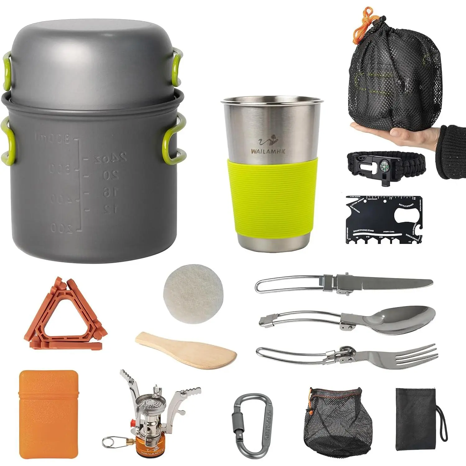 Wailamhk 16-Pcs Backpack-Friendly Stainless Steel Portable Outdoor Cooking Kit - Lightweight, Easy-to-Carry 1-2 Person Camping Gear with Foldable Tools, Heat-Resistant Grip, Compact Pots & Stove for Hiking