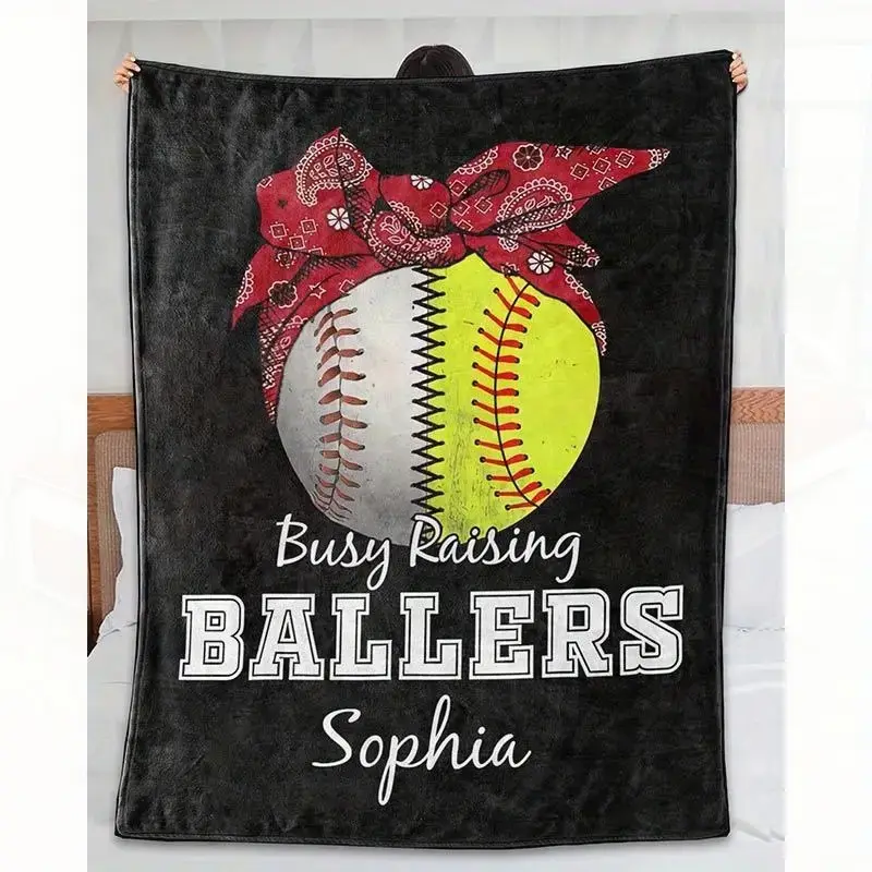 Traditional Personalized Baseball and Softball Fleece Blanket for Women - Custom Name "Busy Raising Ballers" with Red Headband Design Cozy Flannel Throw for All Seasons Ideal Gift for Sports Enthusiasts