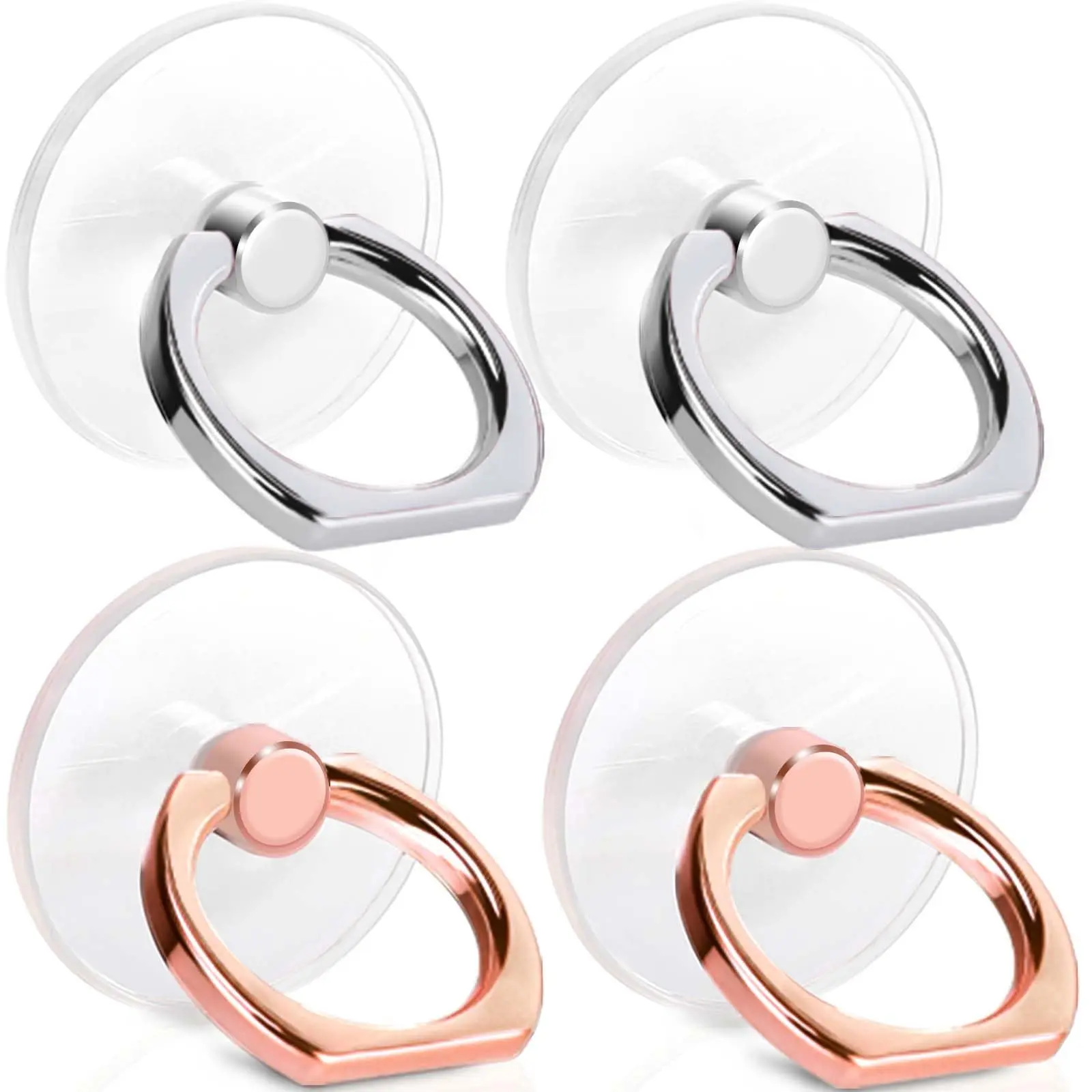 Pack of 4 Phone Ring Holders Transparent design, supports 360° rotation, comes with adhesive backing; suitable for most mobile phones, tablets, and phone cases.