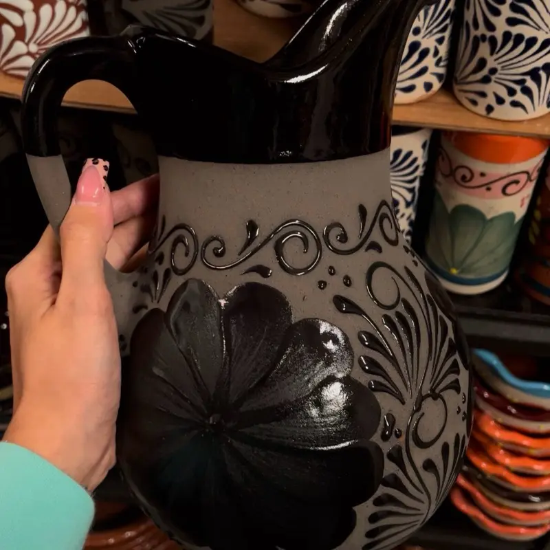 Black Jarra Set with Unique Floral Design and Handle - Product Description Provided