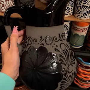 Black Jarra Set with Unique Floral Design and Handle - Product Description Provided