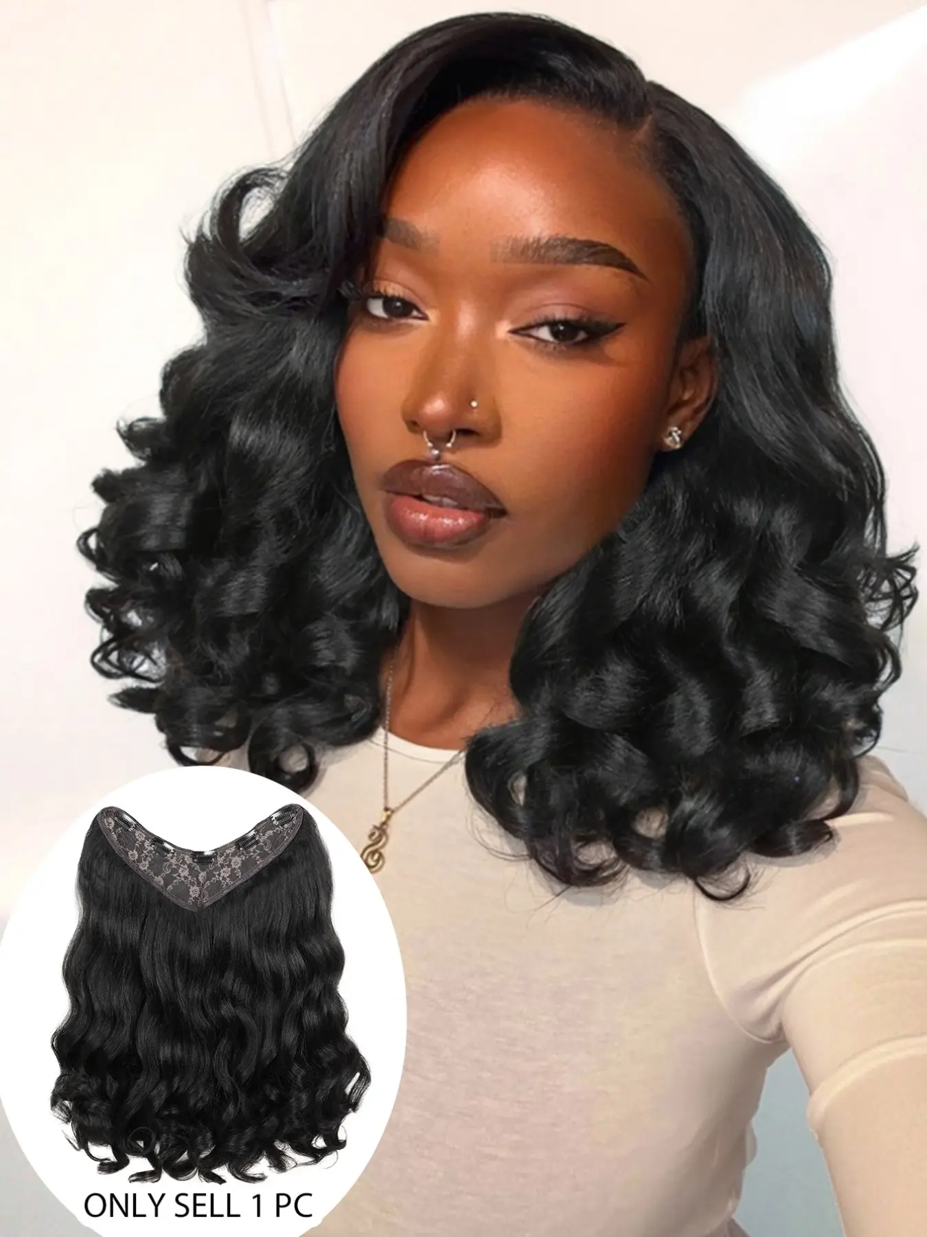 V-Shaped Clip-In Extensions, Yaki Curly Wavy Hair, Synthetic One-Piece Design, 5 Secure Clips, Easy-To-Use Hair Enhancements for Women, Wavy Synthetic Hairpiece