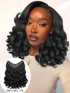 V-Shaped Clip-In Extensions, Yaki Curly Wavy Hair, Synthetic One-Piece Design, 5 Secure Clips, Easy-To-Use Hair Enhancements for Women