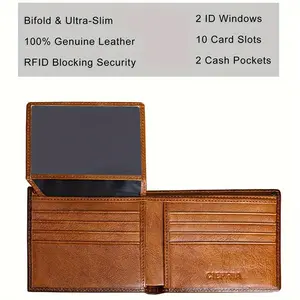 Genuine Leather RFID Blocking Wallet, Large Capacity, Retro Style Bi-fold With Double ID Windows, Great Gift