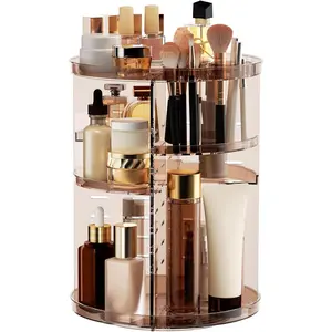 Rotating Makeup Organizer Countertop, DIY Adjustable Trays Spinning Skincare Organizers, Cosmetic Display Shelf with Perfume & Brush Holder, Multi-Function Desk Storage Carousel for Vanity Bathroom