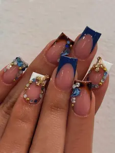 24 Pcs Of Short Square Press On Acrylic Nails Gift Box Summer Refreshing Blue Nails Brown Retro Leopard White Small Flower Milk Daytime Blue Diamond Gold Steel Beads Cool Black French Tip Nails Party Portable Fake Nails With Jelly Glue 1 Piece Rub Strip