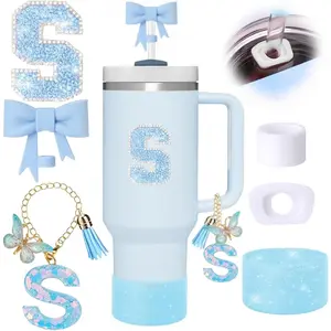 6pcs Blue Stanley Cup Accessories Set, Bow Straw Topper for Stanley Cup 30oz 40oz, Including Straw Topper and Sparkly Silicone Boot, Stoppers Spill Proof, Handle Charm, Initials Sticker