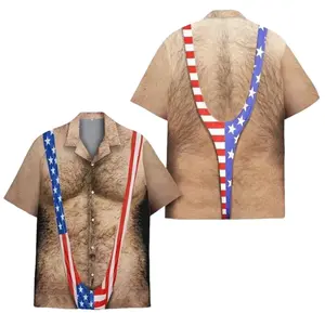 Funny American Flag Hawaiian Shirt for Men – Patriotic Chest Hair Illusion Aloha Shirt, 4th of July Button-Up Shirt, Independence Day Party Outfit, USA Flag Vacation Shirt