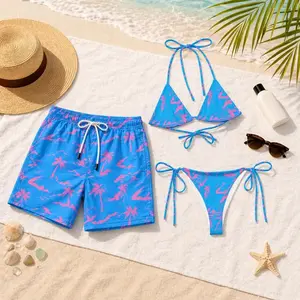 Blue Pink Tropical Couple Swimwear Set, Matching Bikini and Men Swim Trunks, His and Hers Beach Outfit, Summer Vacation Poolwear