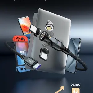 Hiba 240W USB-C Magnetic Charging Cable - 48V/5A, PD27W Fast Charge, 3-in-1 540° Rotating, E-Marker LED Indicator, Data Sync for Smartphone, Cellphone, Mobile Electronic Devices, iPhone, Samsung, Laptop