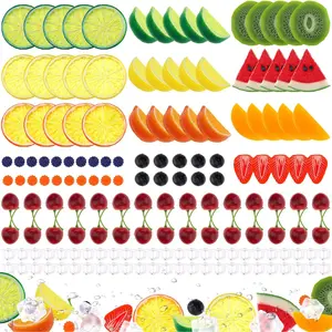 160pcs Artificial Kiwi Slice Yellow Peach Lemon Decoration Fake Watermelon Strawberry Block Realistic Raspberry Blueberry Cherry Ice Cube Display