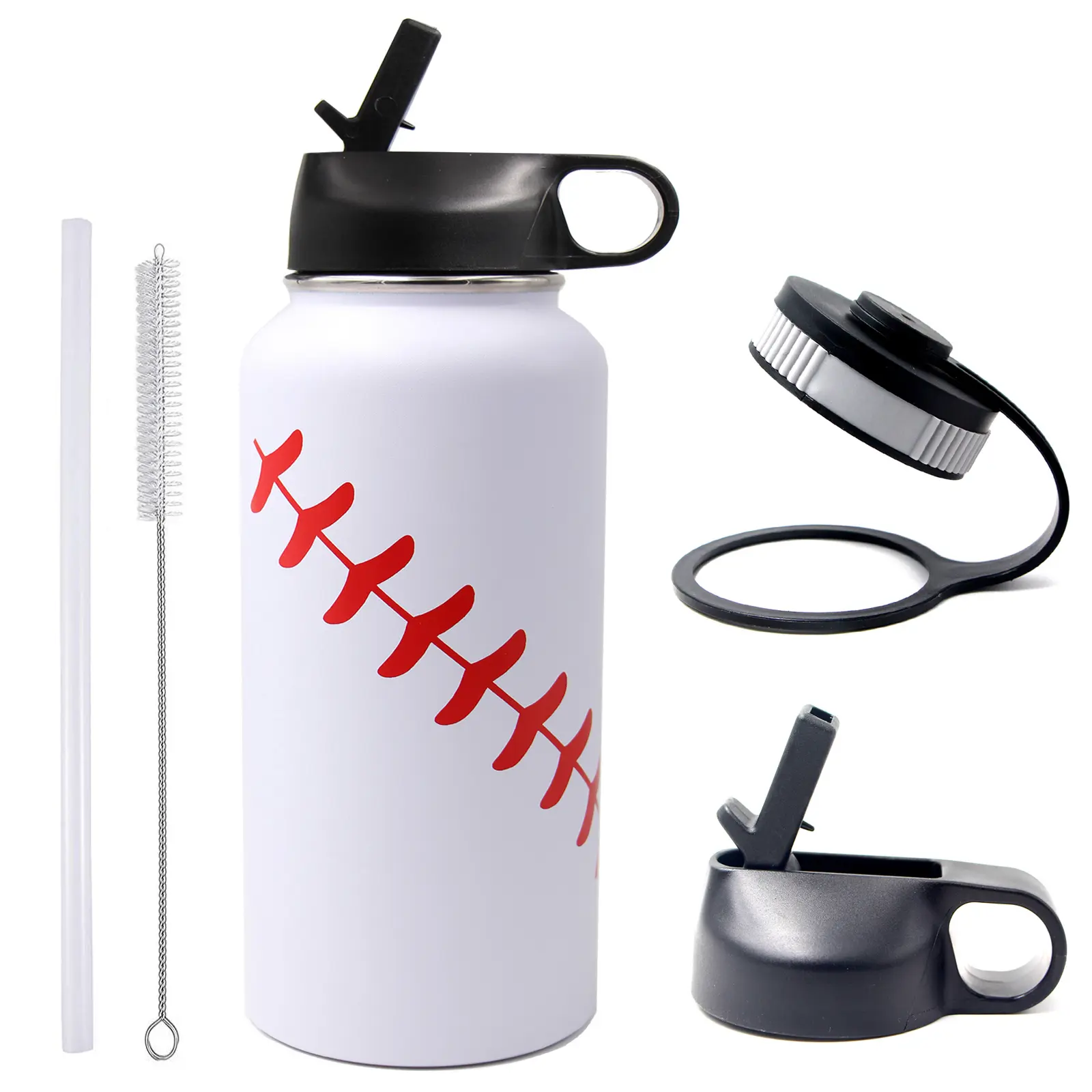 FMYWZS 32 oz Baseball Water Bottle, Stainless Steel Vacuum Insulated Water Bottle with Straw and 2 Lids, Double Wall Leakproof Sports Flask, Baseball Gifts for Boys, Men, Mom, Coach