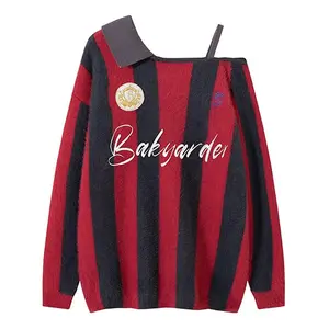 Bakyarder Women’s Off-Shoulder Stripe Knit Sweater Vintage Polo Jersey Style Loose Fit Fuzzy Pullover Y2K Streetwear