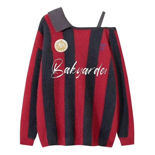 Bakyarder Women’s Off-Shoulder Stripe Knit Sweater Vintage Polo Jersey Style Loose Fit Fuzzy Pullover Y2K Streetwear