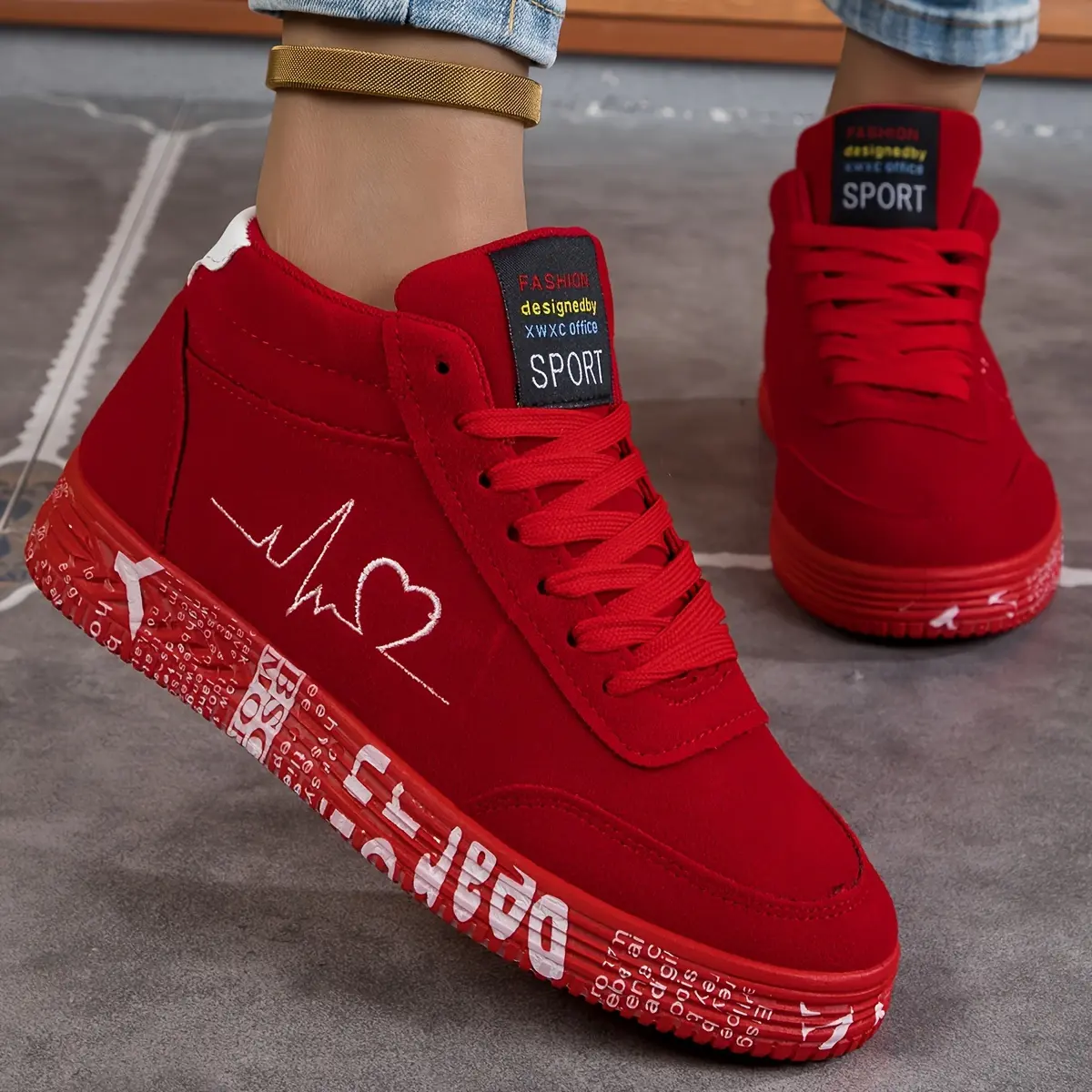 Valentine's Day women's red graffiti heart-shaped and music note sneakers - non-slip and wear-resistant breathable mesh, synthetic leather rubber sole casual walking outdoor activities daily wear shoes | dynamic style sneakers