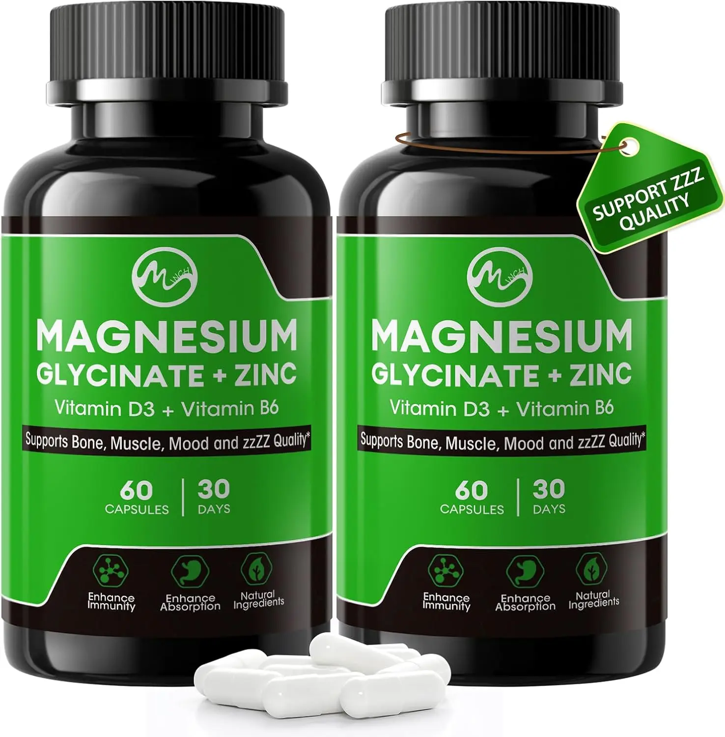 M inch Magnesium Glycinate Capsules - Night, Bone, Muscle & Immune Support | 4-in-1 Magnesium Supplement with Zinc, Vitamin D3 & B6, Highly Bioavailable and Absorption, 120 Vegan Capsules