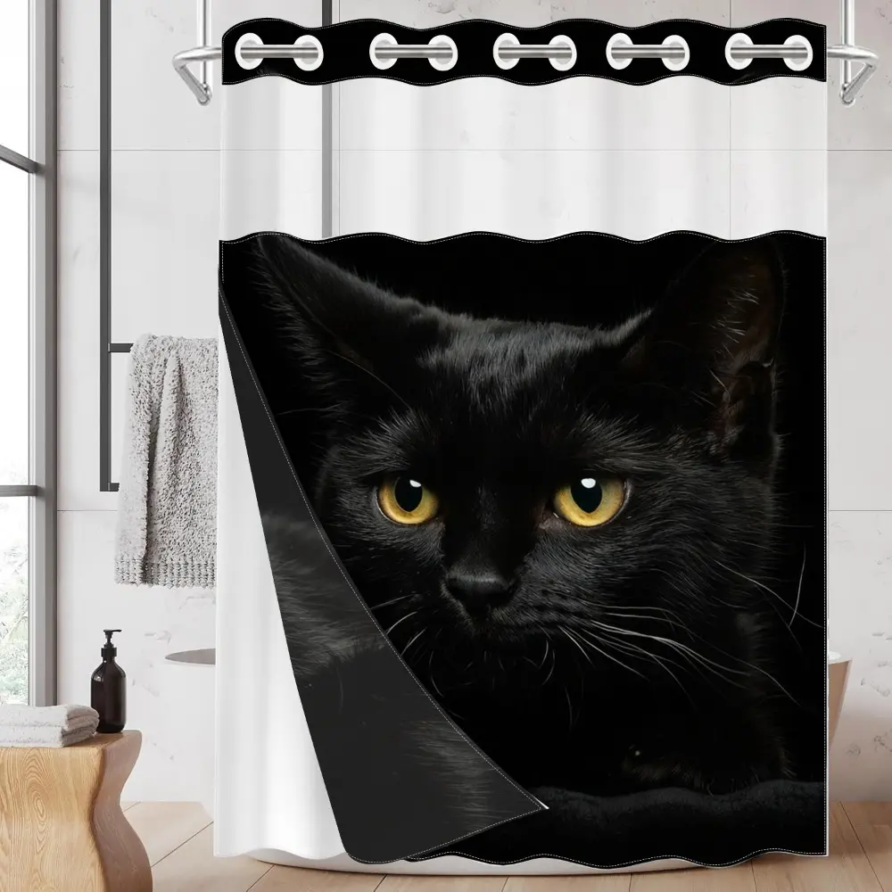 1PC/4PCS 2D Flat Printing Black Cat with Yellow Eyes Patterned Decorative Aesthetic Shower Curtain, home bathroom decorations, shower curtain set with 12 hooks, non-slip bathroom rug, U-shaped toilet seat cover, toilet seat mat.