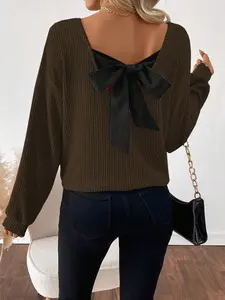 Brown Long Sleeve Top: Ribbed Knit Tee with Back Bow for Women Fall Outfits