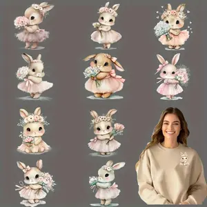 12 Pcs Ballet Rabbit Iron On Patches Water Resistant Vinyl Applique with Floral Design for T Shirts Masks Jeans Backpacks Cute Pink Ballerina Bunny Various Poses