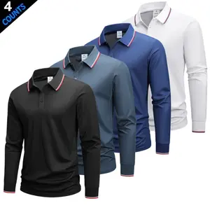Four-color contrast polo shirt for men featuring a turn-down collar and long sleeves. Blending business casual style, it combines a classic turn-down collar with red and white thin piping for refined details. Front button accents add a clean finish, while