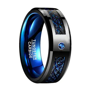 8mm Men's Tungsten Ring with Blue Carbon Fiber Inlay and Black Dragon Pattern | US Sizes 7–14, Stylish Design with Synthetic Zirconia Gemstone
