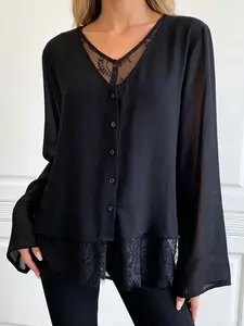 Women's V-Neck Long Sleeve Shirt Blouse, Lace Trim Casual Loose Fit Top, Lightweight French Style Sun Protection Clothing