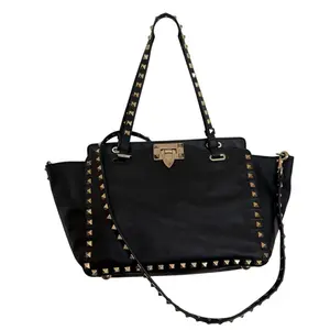 Pre-owned Valentino Tote Tote Bags Bags Bags Bags Bags Garavani Vitello Rockstud Bag Black Leather Removable Strap