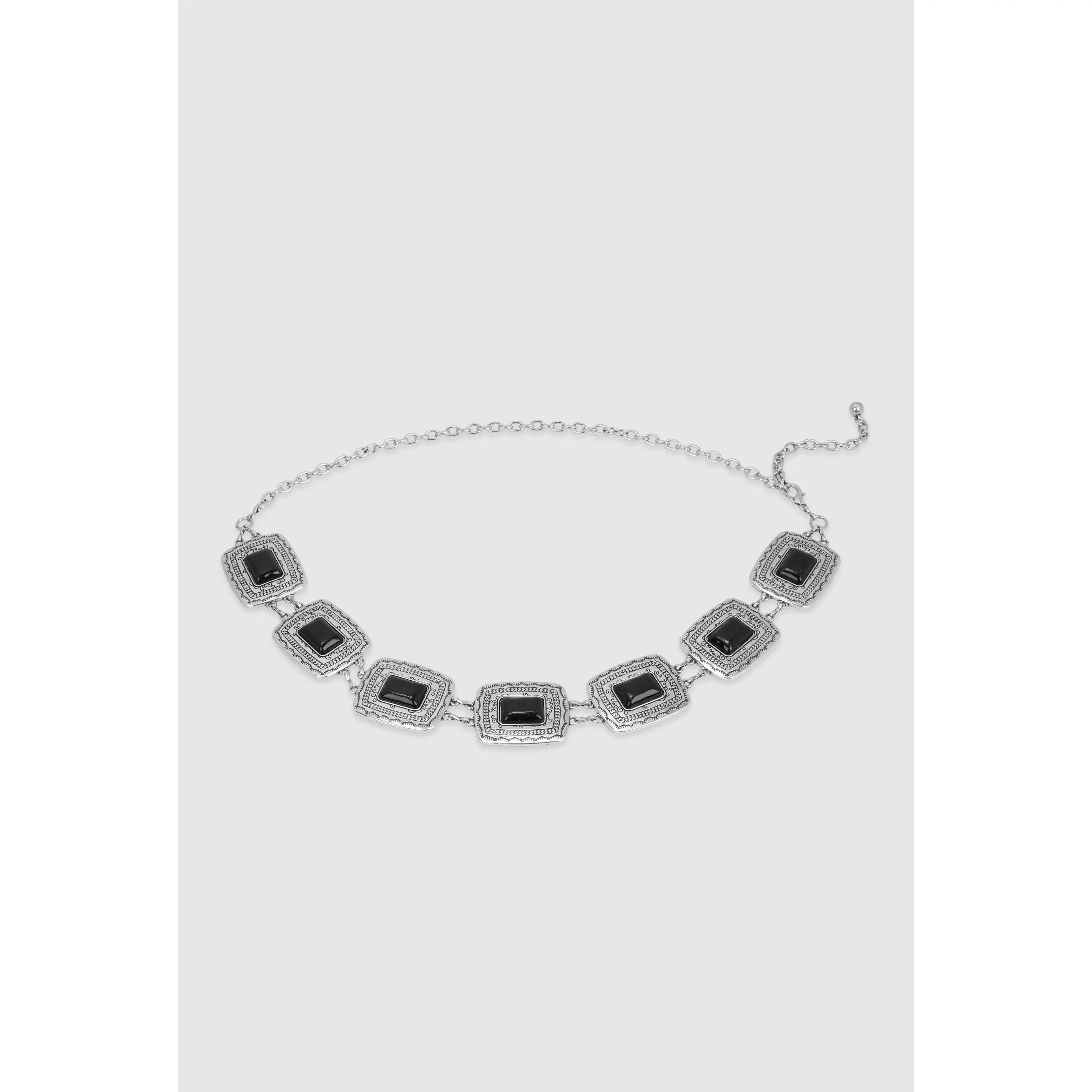 Metallic Trim Gemstone Square Chain Link Belt
