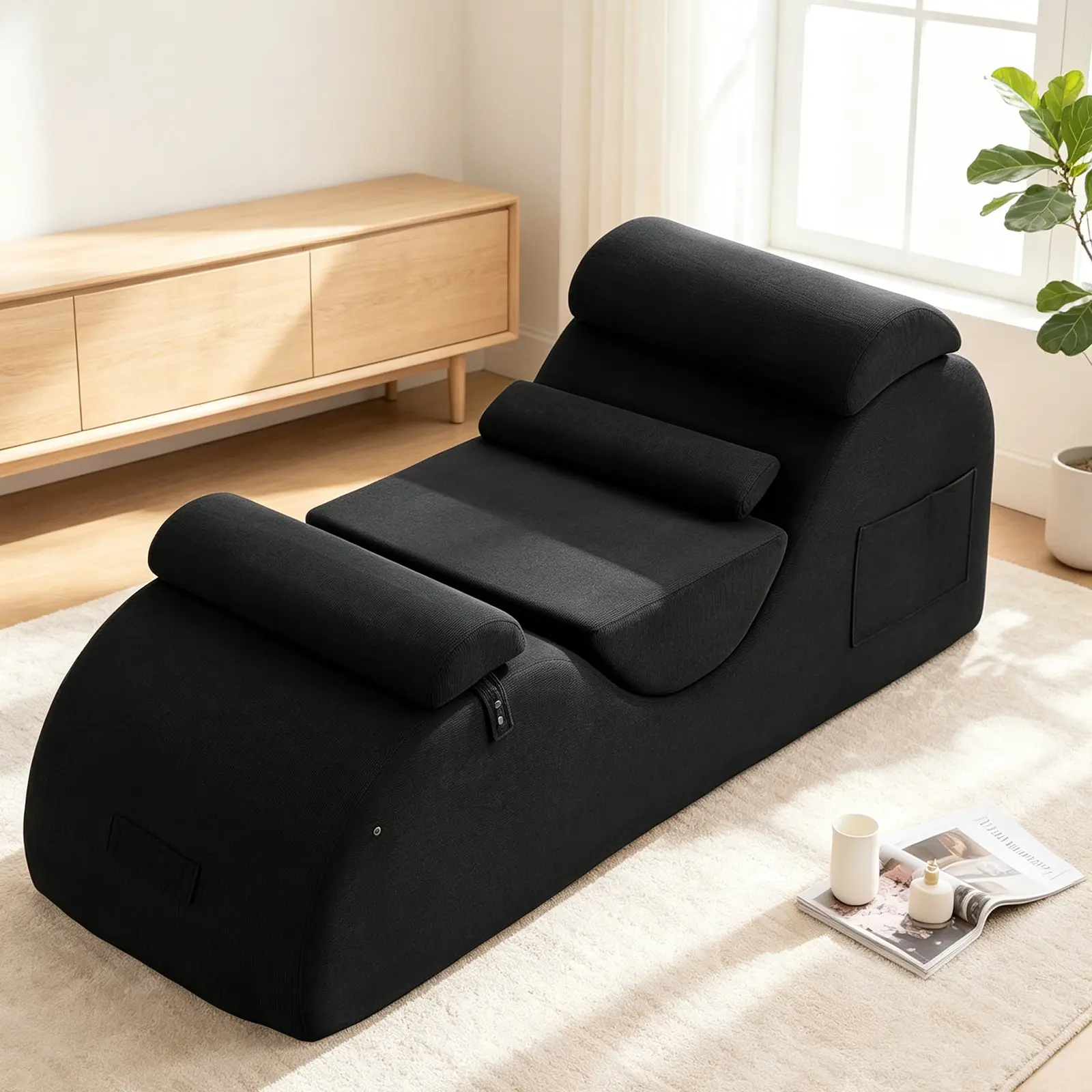 Ergonomic S-Shaped Corduroy Yoga Lounge Chair with Headrest, Waist Cushion, Movable Footrest, Side Pockets - Indoor Living Room Recliner for Relaxation, Stretching