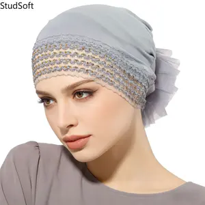New Solid-Color Mercerized Cotton Base Cap with Rear Lace Floral Detail and Elastic Band — Rhinestone-Embellished Lace Headscarf Cap
