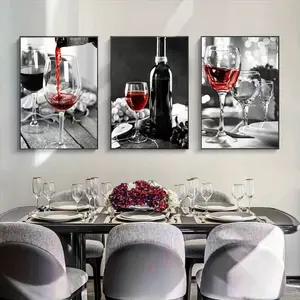 3pcs Modern Kitchen Poster Red Wine and Bottle Picture Hanging Painting Black and White Beverage Mural Frameless Oil Painting Restaurant Decoration Painting Modern Art Design