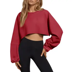 Imily Bela Womens Long Ballon Sleeve Sweatshirts Tops Cropped Crew Neck Loose Fit Casual Workout Shirts
