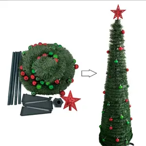 Christmas Tree 5ft Collapsible Pop Up Slim Pencil Xmas Tree Decor Collapsible Pencil Christmas Trees for Holiday Carnival Party Christmas Decorations,30 Ornaments and Tree top Star Included (Green)
