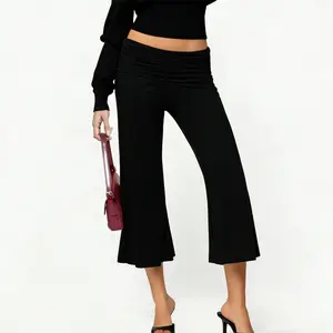 Casual Wide-Leg Culottes for Women - Fold-Over Waist Cropped Pants, Minimalist Chic Design for Work & Weekend, Stretchy Soft Knit Fabric
