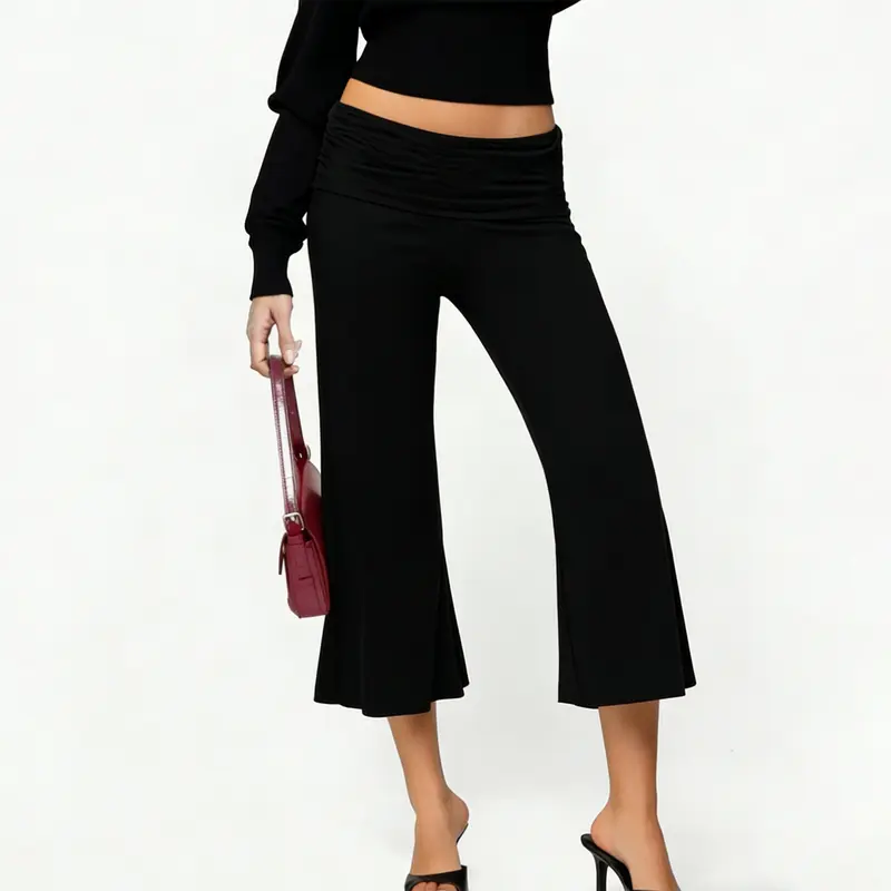 Women's Minimalist Chic Soft Cropped Knit Wide-Leg Flared Leg Trousers - Stretchy Fold-Over Waist Solid Polyester Fabric Culottes, Comfy Business Casual Bottoms for Lady Work Outfits