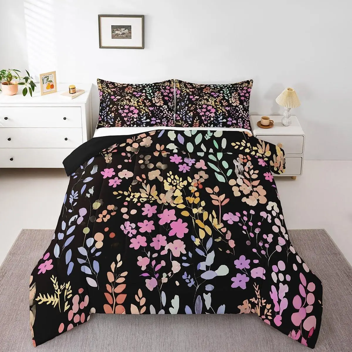 Colorful Floral Comforter Set,Cute Boho Pink Flower Bedding Set for Kids Girls Bedroom Decor,Watercolor Wild Flowers Quilt Bed Set,Bohemian Wildflower Bed Comforter Set