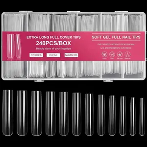 Long Square Nail Tips, 240Pcs Full Cover Soft Gel Nail Tips Pre-Etched 3XL Square Clear Acrylic False Nail Fake Nail Extension Press On for Salon Home DIY 12 Sizes