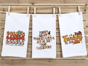 Set of 3 Thanksgiving Flour Sack Kitchen Towels Gobble Till You Wobble Talk Turkey to Me Turkey Gravy Casserole Housewarming Hostess Gift