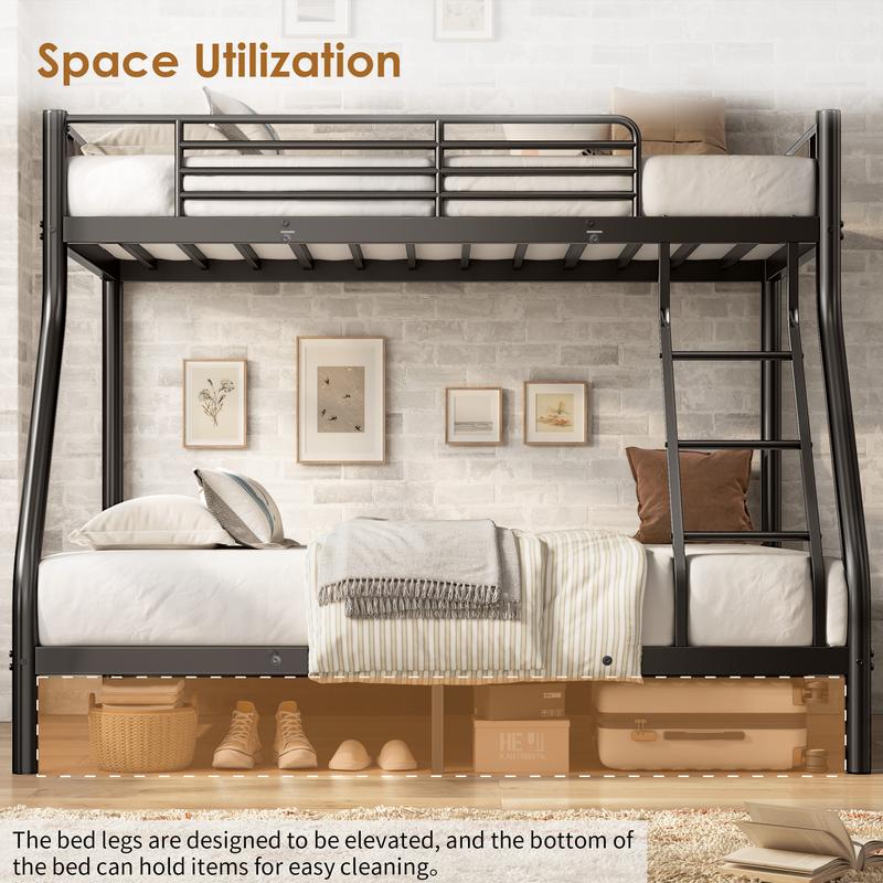 Twin Over Full Bunk Bed, Heavy Duty Metal Industrial Bunk Bed with Ladder and Guardrail for Teens/Adults, Space-Saving, No Box Spring Needed, Black