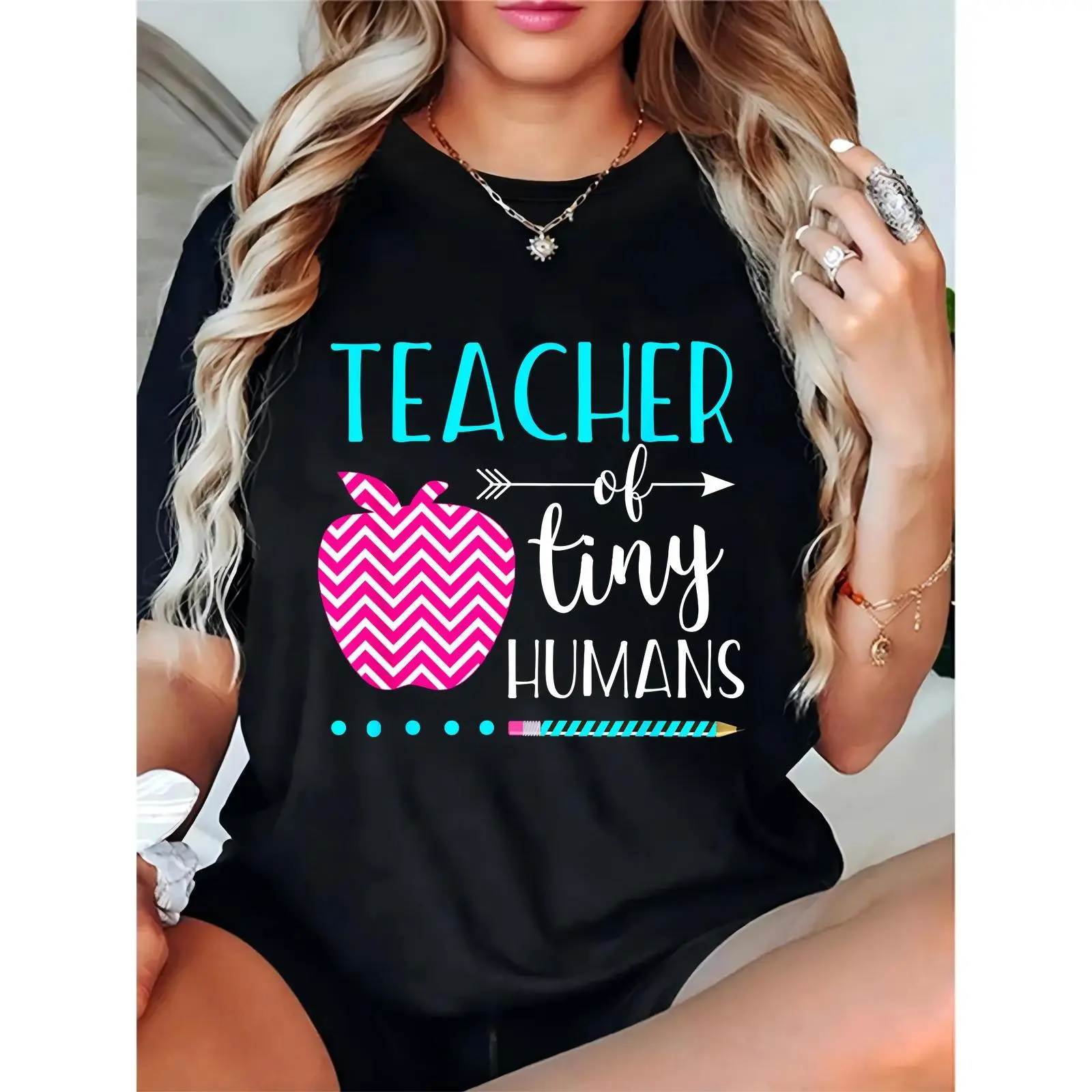 Women's Teacher of Tiny Humans T - Shirt with Chevron Apple & Pencil Graphic | Back to School Teacher Appreciation Casual Tee 100% Cotton T-shirt