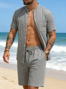 Trendy Summer Men's Linen Breathable Open Front Shirt Short Sleeve Set, Casual Beach Shorts 2-Piece, Daily Wear Fashion