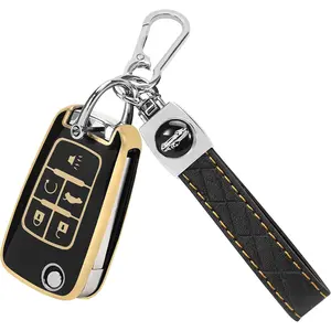 for Chevy Key Fob Cover with Keychain, 5 Buttons Soft TPU Key Fob Protector for Chevrolet Buick Camaro Cruze Equinox Malibu Impala Spark Sonic GMC Terrain Folding Flip Car Key Cover, Black
