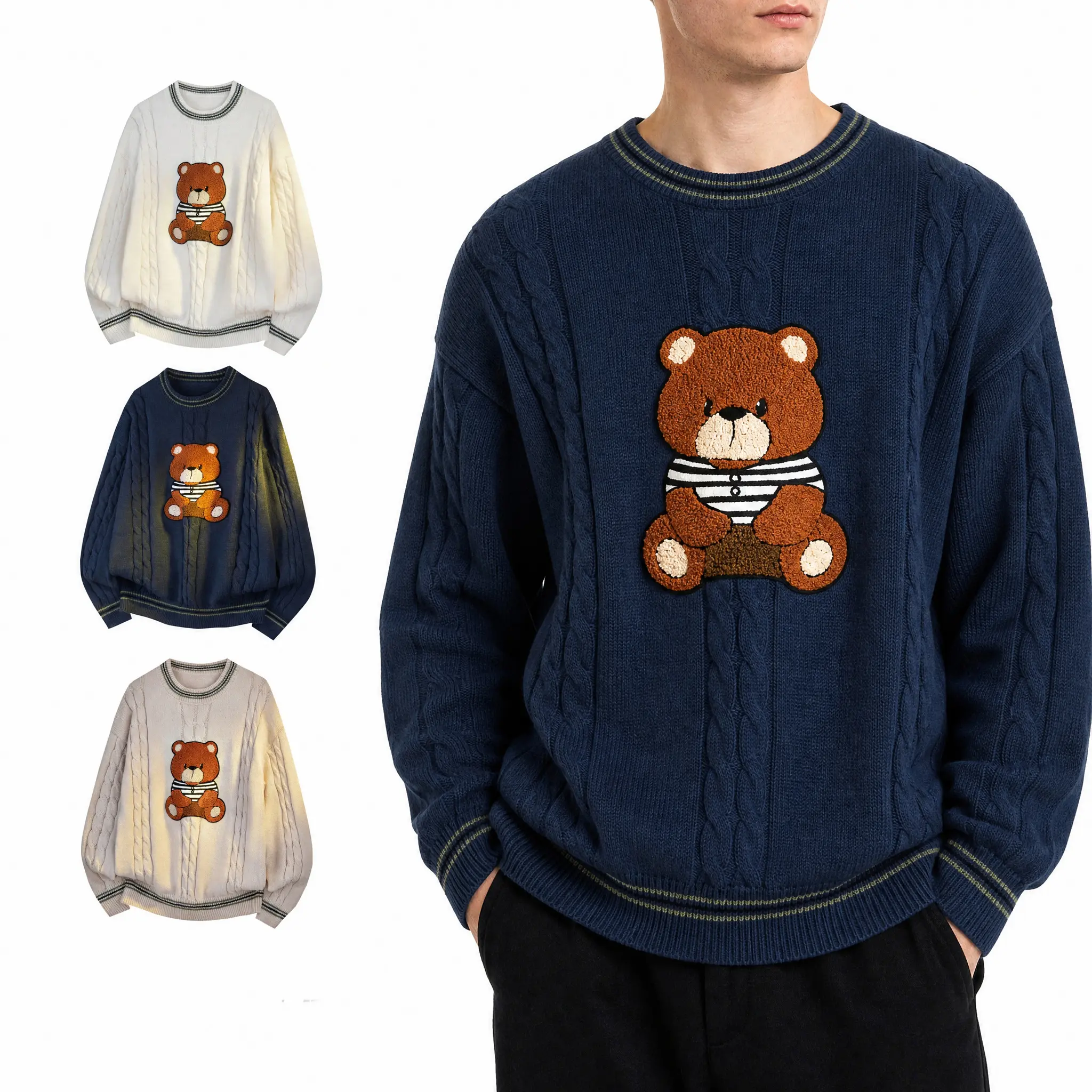 Men’s crewneck chunky knit sweater with cute 3D bear embroidery, pullover design, loose fit—casual everyday wear for autumn and winter.