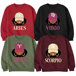 [Full 12 Zodiac] Zodiac Vibes Sweatshirt – Afro Woman Astrology Sign Pullover with Sparkly Hat Graphic, Unisex Horoscope Crewneck Gift for Black, Military Green, Red, Maroon Color
